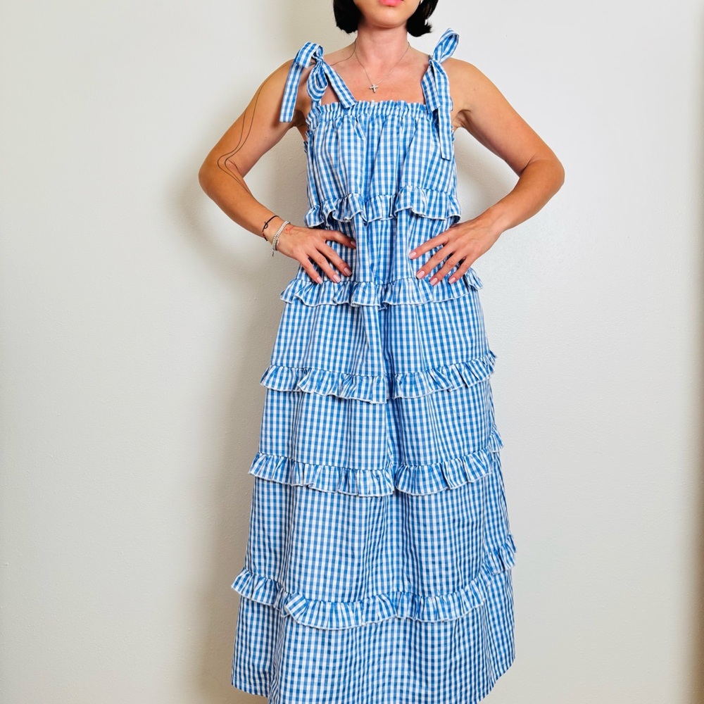 Blue gingham ruffle maxi dress, English Factory, size S